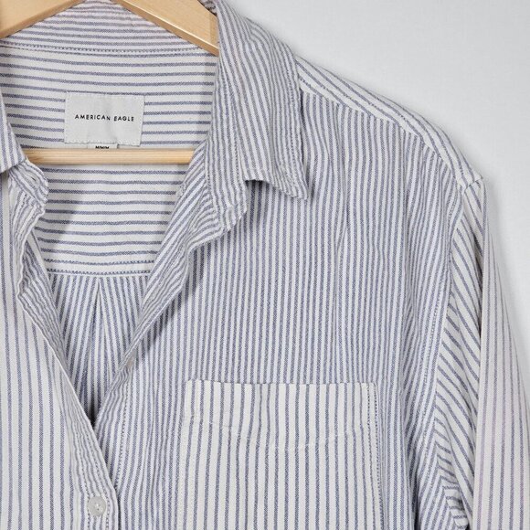 American Eagle Striped Button-Up Shirt Blue White Cotton Blend Women's M - Picture 8 of 8